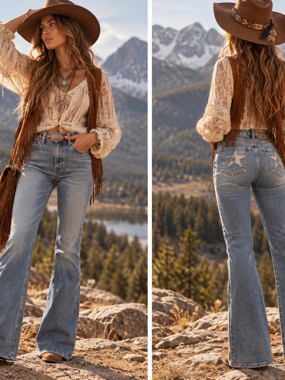 Rock And Roll Denim Star Patched Flares